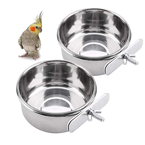 Bird Parrot Feeding Cups,Birds Food Dish with Clamp Holder Cage Hanging Bowl Stainless Steel Food Water Parrot Feeder Cup for Cockatiel Conure Budgies Parakeet Macaw Small Animal Chinchilla Pack of 2