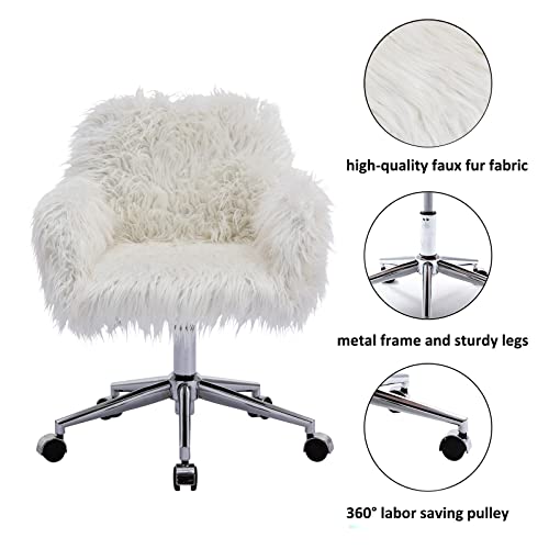 HomVent Fluffy Desk Chair Pink Faux Fur Vanity Chair Adjustable Swivel Computer Chair on Wheels Height Adjustable Cute Desk Chair for Makeup Room Teen Girls Bedroom Home Office (White)