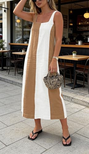Image of CHARTOU Women Summer Sleeveless Linen Dress Contrast Color Maxi Long Beach Vacation Tank Dress