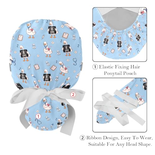 Image of 2 PCS Bouffant Cap with Button Ponytail Pouch Working Cap Sweatband Adjustable Surgical Cap Black and White Cow