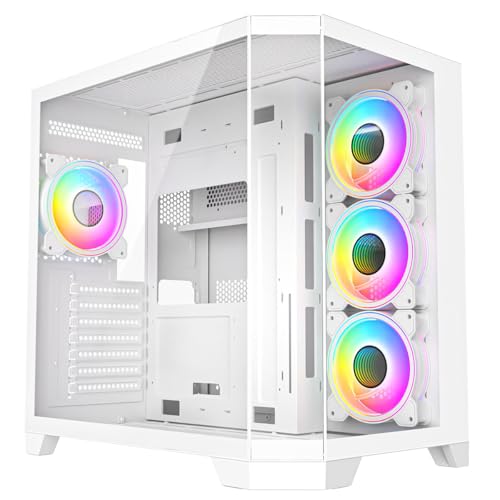 Image of CiT DS360 White Dual Chamber Panoramic Three-Sided Tempered Glass ATX PC Computer Case With 4 x 120mm CiT Celsius 120mm Infinity ARGB PWM Fans Bundled & 6-Port PWM Fan Hub Included
