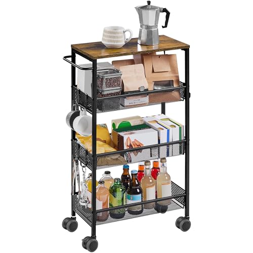 Yaheetech Küchenwagen, Rollwagen mit 4 Ebenen, Servierwagen schmal, Nischenregal auf Rollen, Aufbewahrungswagen für Kleine Räume, 45 × 22 × 79 cm
