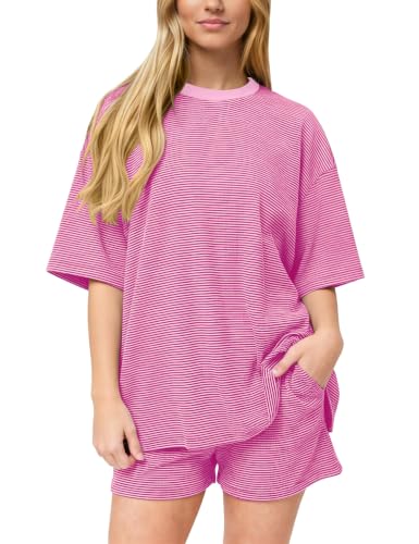 Image of Ythomm Striped Pajamas Shorts Sets Women 2 Piece Lounge Outfits Short Sleeve Tees Drawstring Shorts Summer Matching Pj Sets