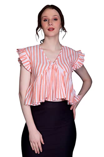 Image of Leriya Fashion Women's Western Regular Fit Crop Tops | Fancy Stripped with Ruffle Sleeves | Button Down Lightweight Cotton for Girls | Suitable for College Office Casual Wear for Ladies