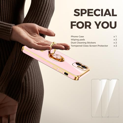 Nonional Compatible for iPhone 11 Case with 2 Pack Screen Protector, 360° Rotatable Ring Holder [Luxury Hearts Pattern] Plating Gold Edge Slim Soft Phone Cover Case for iPhone 11 - Girl Pink by Nonional - Image 6