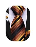 Barry.Wang Black Orange Tie Sets for Men Silk Stripe Necktie Woven Handkerchief Cufflinks Formal Business Wedding