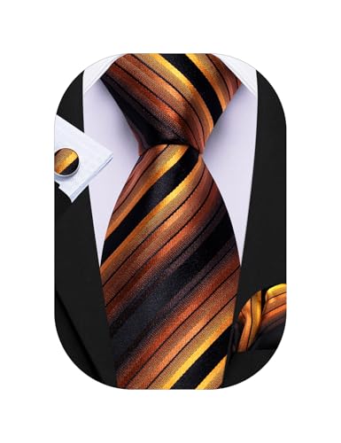 Image of Barry.Wang Tie Sets for Men Silk Stripe Necktie Woven Checkered Handkerchief Cufflinks Formal Business Wedding