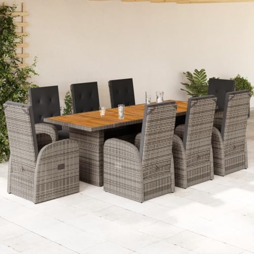 YunCangg Juego de muebles de jardín de polirratán gris con 8 cojines de asiento y respaldo, 240 x 90 x 75 cm, mesa de jardín de madera de acacia, resistente a la intemperie, juego de muebles de