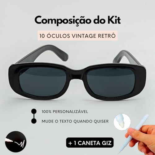 Kit 10 Óculos de Sol Vintage Retrô com Proteção UV, para Festa, Balada, Casamento Com Caneta Giz (Pr