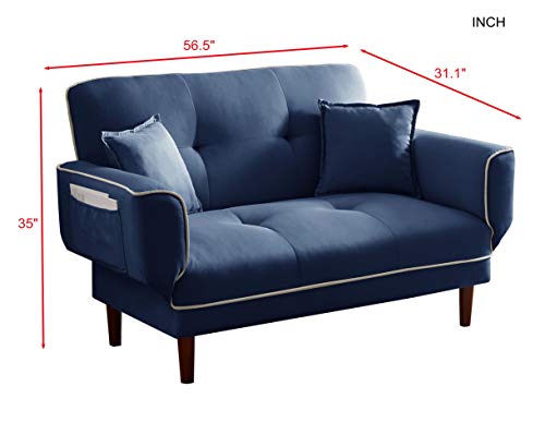 Convertible Futon Sofa Bed With 2 Pillows, Loveseat Sleeper Sofa Futon Couch, Recliner Couch With Adjustable Armrest And Wood Legs, Living Room Sofa With 5-Angle Backrest For Small Space (Navy Blue) #TOP1