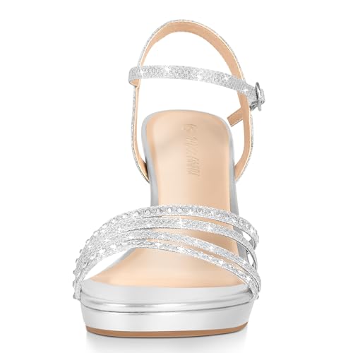 PIZZ ANNU Lena Women's Platform Heels High Block Chunky Sparkly Rhinestone Glitter Open Toe Ankle Strap Fashion Dress Pump Sandals Shoes, Silver 6 by PIZZ ANNU - Used condition - Image 4
