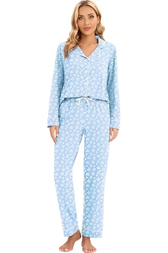 Image of LUBOT 100% Cotton Pajamas for Women Pajama Set 2 Piece PJ Sleepwear Set Soft Ladies Button Knit Long Sleeve Loungewear XS-XXL