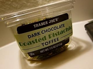 Trader Joe's Dark Chocolate Roasted Pistachio Toffee 7.5 Oz. Container
