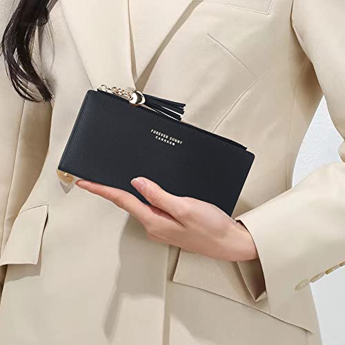 Women's Slim Wallet, Black Leather, Lightweight, Minimalist Design, 12 Credit Card Slots, ID Window, 3 Large Cash Compartments, Zipper Pocket for Coins3