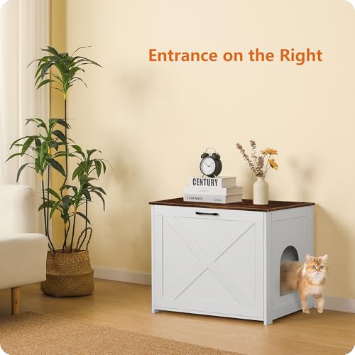 Dwanton Cat Litter Box Furniture Hidden, Cat Litter Box Enclosure, Reversible Entrance Can Be on Left or Right Side, Indoor Cabinet, Wooden Washroom, End Table, White and Rustic Brown, 27.6" L - Thumbnail 2