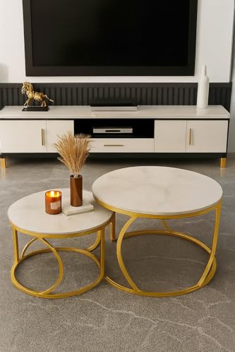 Image of Round End Table Set of Two Coffee Tables with Engineered Wood Top and Metal Frame, Contemporary Accent Side Table for Office, Bedroom, or Living Room Golden White