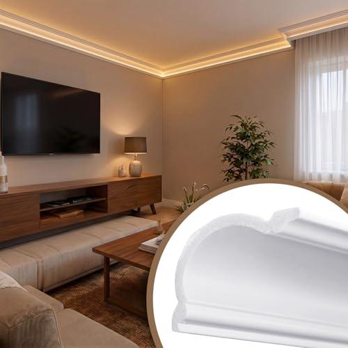 Image of Pushglossy 8 Pcs Round 47.24 inch(Total 31.5 Ft) Ceiling Crown Molding with LED Duct Kit for Seamless Ambient Waterproof Lighting Channel for Easy LED Trim Moulding Strip Installation