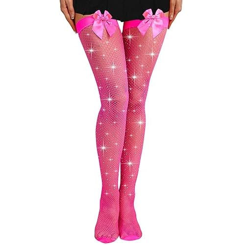 RSLOVE Women Thigh High Stockings Sparkly Rhinestone Fishnets with Satin Bow Tights Pantyhose Hosiery One Size Pink