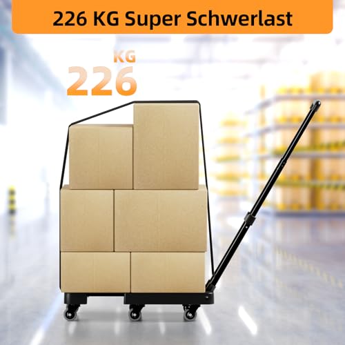 Troozy Sackkarre Klappbar mit Bremsen, Transportwagen 226KG, Sackkarren Klappbare mit 6 Universal-Räder, Plattformwagen mit Verstellbarer Deichsel, 2 Flexibles Seil, Transportkarre Rauscharm, Schwarz