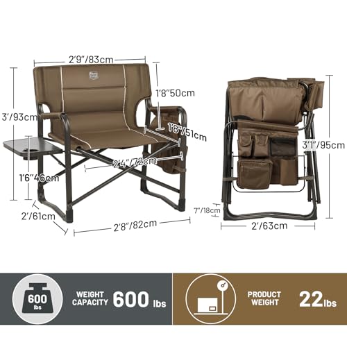 Timber Ridge XXL Upgraded Oversized Directors Chairs with Foldable Side Table, Detachable Side Pocket, Heavy Duty Folding Camping Chair up to 600 Lbs Weight Capacity (Brown) Ideal Gift