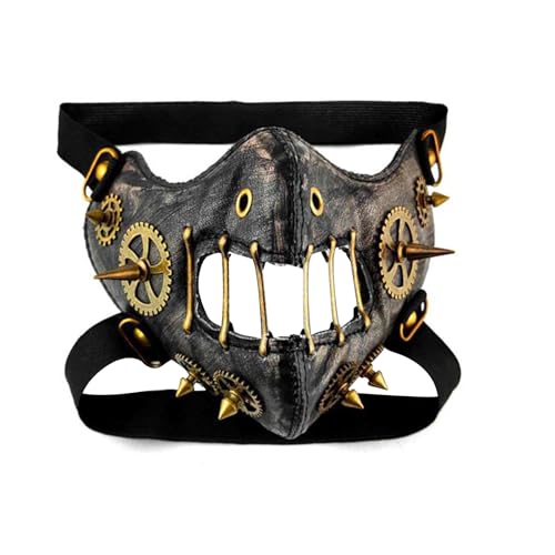 JIAHG Steampunk Half-Face Mask Vintage Gear Rivet China Gothic Black PU Leather Mask for Halloween Fancy Dress Up Party Props