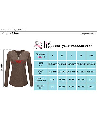 KILIG Women's Long Sleeve V-Neck Button Loose Casual Tunic Tops Blouse Henley T Shirts(D2-Brown,L)
