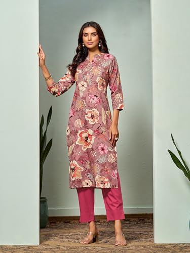 Image of EthnicJunction Cotton Ethnic Women's Straight Floral Print Kurta With Pant Set