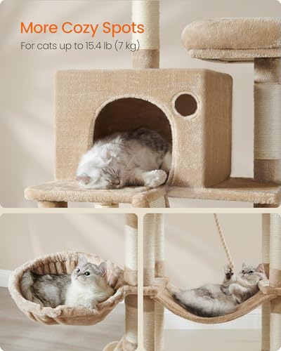Image of Feandrea Cat Tree, 81.1-Inch Large Cat Tower, Multi-Level Plush Condo with 13 Scratching Posts, 2 Perches, 2 Caves, Basket, Hammock, Pompoms, Camel Brown UPCT190K01