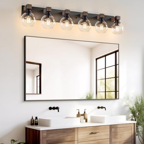 Image of LmnLvn Bathroom Light Fixtures, Farmhouse Wood & Metal with Globe Glass