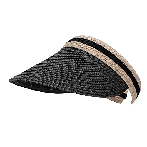 Straw Sun Visors Hats for Kids Embroidered Boys and Girls Wide Brim Roll Up Ponytail Open Top Cap Adjustable Summer Beach UV UPF 58 Travel Outdoor Camping Hiking Packable Foldable,Black