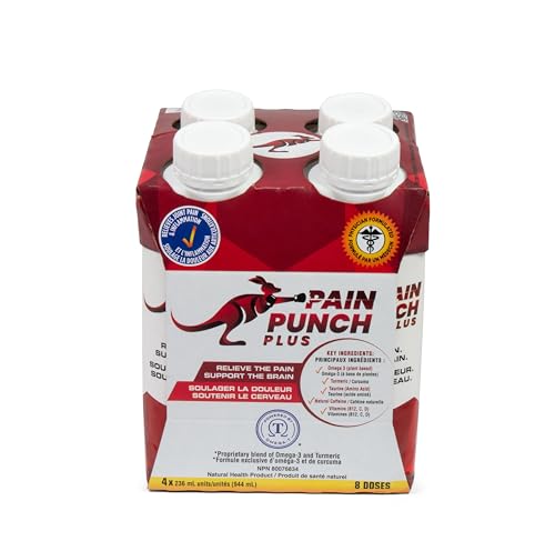 Pain Punch Plus 4 Pack - Helps Support Cognitive Health & Brain Function, Pain Relief Product w/Turmeric, Vegan Omega-3 & Natural Caffeine, Quick Pain Relief for Acute Pain | Recharge and Refresh | 4 x 236ml