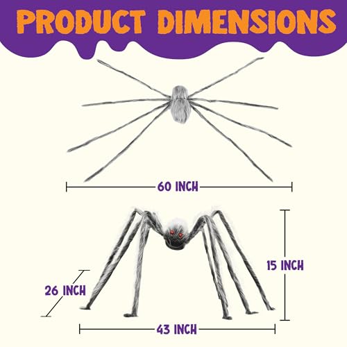 JOYIN 5 Ft Halloween Giant Spider Outdoor Decorations - Scary Hairy Realistic Large Gray Props for Yard, Patio, Lawn, Garden, Window - Creepy Decor for Haunted Houses