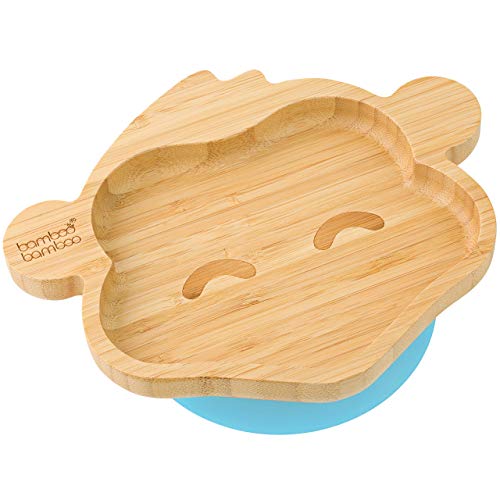 Image of Bamboo Baby Plate with Suction - Kids and Toddler Suction Cup Plate for Babies, Non-toxic All-Natural Bamboo Baby Food Plate Stays Cool to the Touch for Baby-Led Weaning (Monkey - Blue)