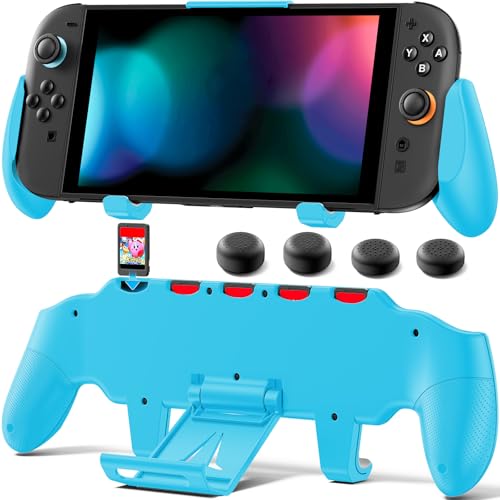 Image of OIVO Grip Compatible with Nintendo Switch 2, Switch 2 Ergonomic Grip Case with Adjustable Stand, Comfort Game Accessories with 5 Game Card Slots and 4 Thumb Caps, Blue