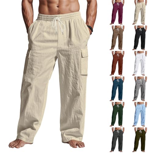 Mens Cargo Pants Relaxed Fit Relaxed Fit Elastic Waist Drawstring Linen Pants Lightweight Baggy Comfy Activewear Summer Casual Travel Beach Outfits Loose Fit Wide Leg Linen Trousers with Pockets Khaki