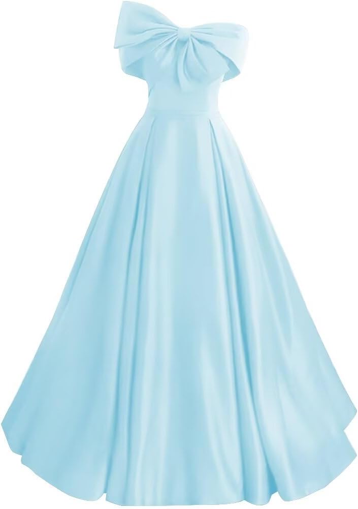 Off Shoulder Satin Prom Dresses with Bow A Line Ball Gowns for Women Formal Evening Dresses with Pockets
