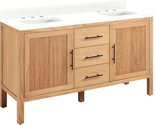 Signature Hardware 481816 Ayanna 60" Free Standing Double Vanity Set with Mindi Wood Cabinet, Vanity Top and Rectangular Undermount Vitreous China Sink - 8" Faucet Holes