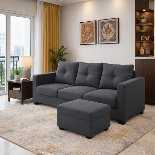 Image of FURNY Amonster 4 Seater L Shape Sofa Set with Movable Ottoman | Flexible Left or Right Layout | Plush Velvet Fabric (Dark Grey) | Perfect for Living Room, Guest Room & Office