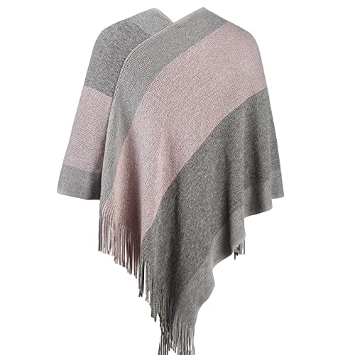 Image of Women's Elegant Knitted Shawl Poncho with Fringed V-Neck Striped Sweater Pullover Cape Gifts for Women Mom
