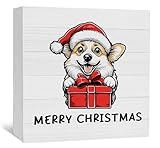 Nitelat Corgi Christmas Decorations, Corgi Christmas Wooden Box Sign, Corgi Decor, Merry Christmas Cute Santa Corgi Gift Box Wood Signs for Home Office Desk Shelf Table Decor, 5x5 Inch