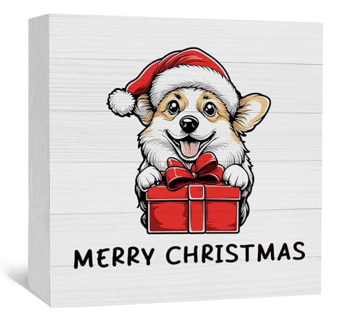 Nitelat Corgi Christmas Decorations, Corgi Christmas Wooden Box Sign, Corgi Decor, Merry Christmas Cute Santa Corgi Gift Box Wood Signs for Home Office Desk Shelf Table Decor, 5x5 Inch