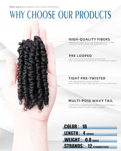 Pre-Twisted Passion Twist Crochet Hair for Black Women and Kids,Passion Twist Hair Pre Looped Bohemian Braids 4 Inch 8 Packs Short Bob Spring Twist Curly Braiding Crochet Hair Extensions(4"-8P,1B)