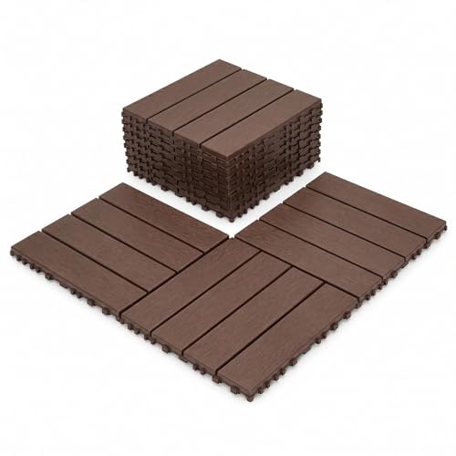 Image of GREENSAPPIRE Interlocking Deck Tiles 11 pcs 30x30cm, Outdoor Patio & Garden Flooring, Waterproof Plastic Decking Boards for Balcony, Backyard, Pool & Porch, Easy Snap Installation (Reddish-Brown)