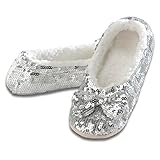 Snoozies Women's Ballerina Metallic Shine Silver Sequin Slippers-Large (9-10)