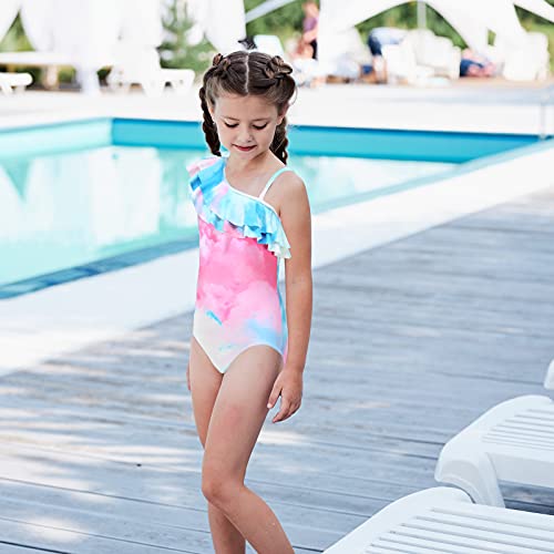 Aisyee Big Girls One Piece Tie Dye Swimsuits One Shoulder Bathing Suit For Kids Hawaiian Ruffle Swimwear Pink Size 10/8-10 #TOP3
