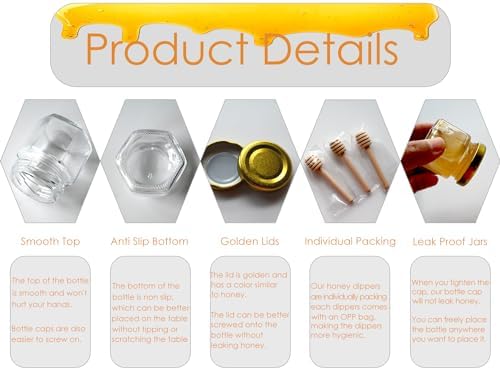 Adabocute Hexagonal Mini Honey Jars - 1.5 oz 20 Pack Little Glass Honey Jar with Gold Lids, Wooden Dippers, Bee Charms and Jutes - Small Honey Jars for Baby Shower, Wedding and Party Favors