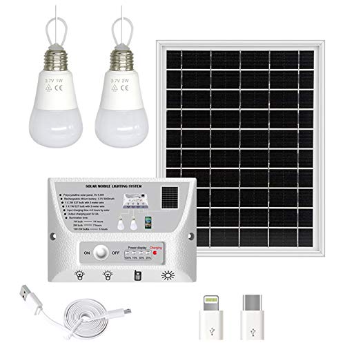 Funien Sistema De Iluminación Solar, Sistema De Iluminación Solar Portátil Impermeable Panel Solar De 5.5W Bombillas Led De 1W Y 2W Controlador De 5000Mah Con Puerto De Carga De Teléfono Compatible