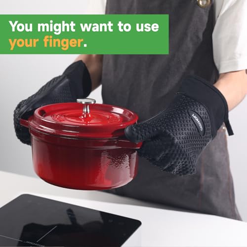 GEEKHOM Silicone Oven Gloves Heat Resistant Silicone Oven Mitts BBQ Gloves Waterproof Kitchen Gloves for Barbecue Grilling Weber Microwave, Non-Slip Oven Gloves with Fingers, Black