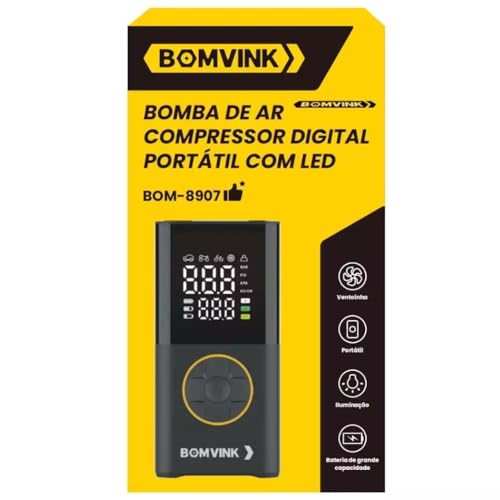 Mini Compressor de Ar Digital Portátil BOM-8907 BomVink com LED e Função Power Bank