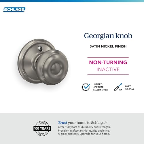 Image of Schlage F170 GEO 619 Georgian Door Knob, One Sided Non-Turning Dummy Door Handle, Satin Nickel